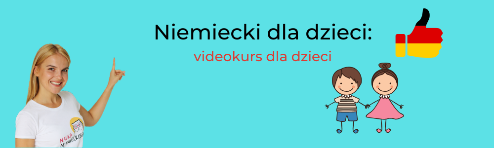 blondynka pokazuje na niebieskiej tablicy napis niemiecki dla dzieci
