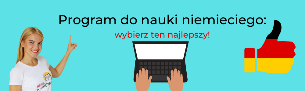 kobieta pokazuje palcem na grafike niebieska z napisem program do nauki niemieckiego