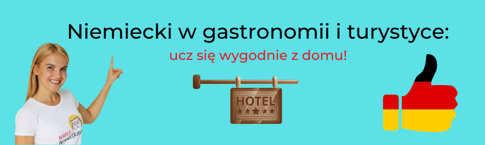 pokazuje na grafike turkusowa z napisem niemiecki w gastronomii i turystyce