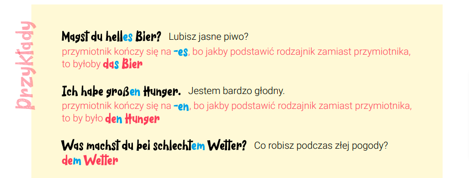 zolte tlo z przykladami z odmiana przymiotnika bez rodzajnika