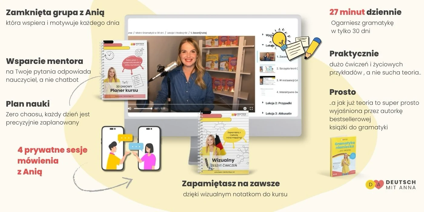 Co zawiera kurs Mistrz Gramatyki w 30 dni: zamknięta grupa z Anią, wsparcie nauczyciela zamiast chatbota, plan nauki, 4 prywatne sesje mówienia z Anią, 27 minut dziennie, dużo ćwiczeń i wizualne notatki